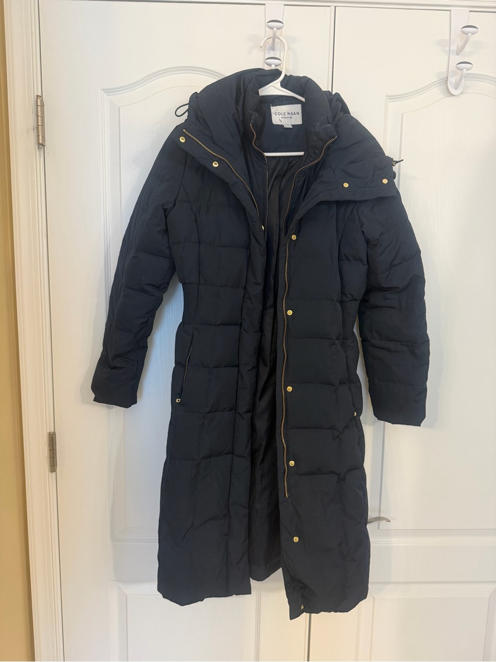 Cole Haan Navy Blue  Long Quilted Puffer Coat with Hood
